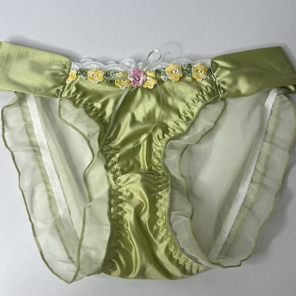 IZA Liquid Satin Moss Green Embroidered Floral Silky Stretch Feminine Panties - Picture 12 of 14